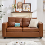 TYBOATLE 65" Faux Leather Sofa Couches for Living Room, Mid-Century Modern Tufted Comfy Loveseat w/USB Charging Ports and Wide Arms, 2 Seater Office Small Couch for Small Space Bedroom, Brown