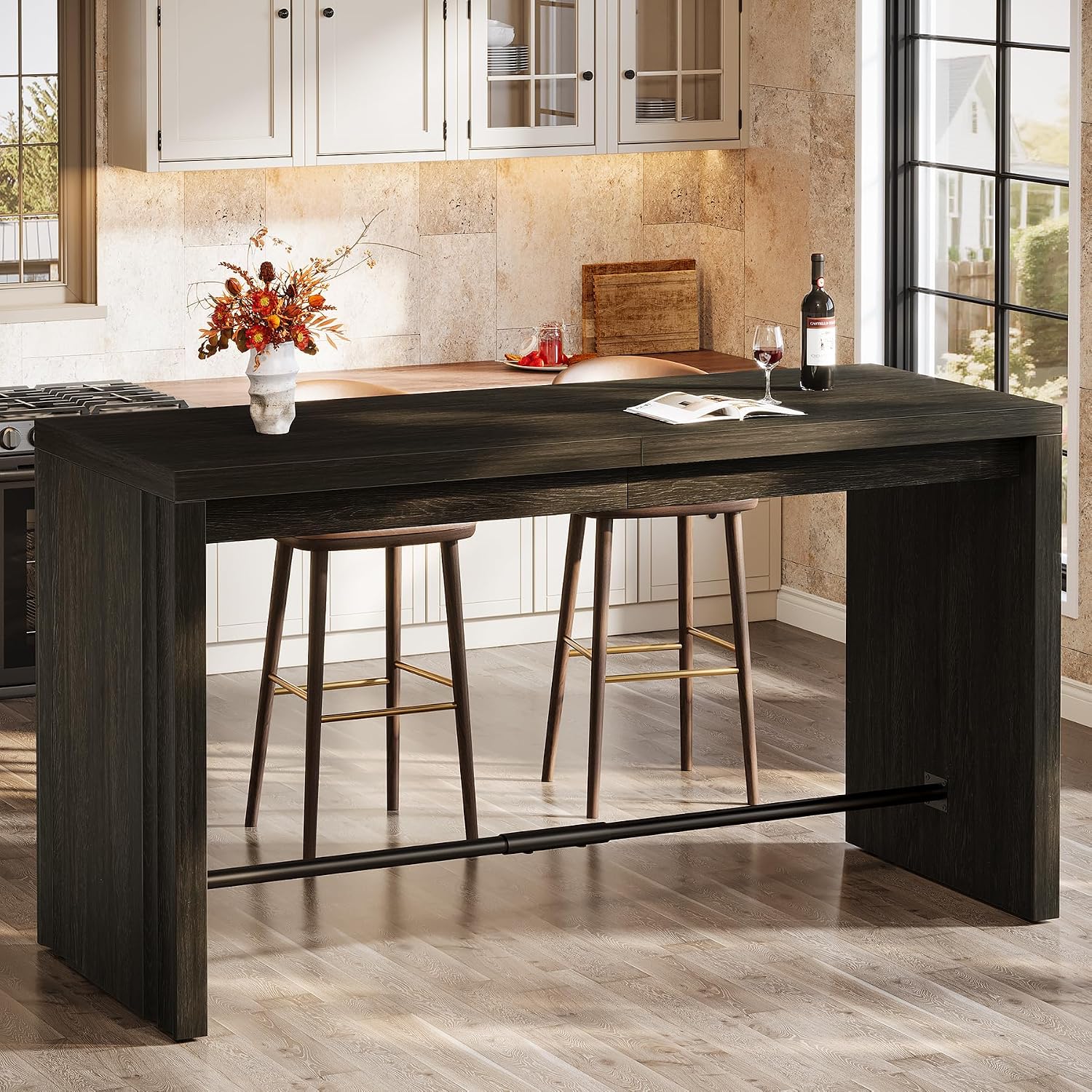Tribesigns Kitchen Island, 63-Inch Modern Stationary Island Bar Table with Metal Footrest, Rectangular Home Bar Unit for Kitchen, Dining Room, Living Room, Pub, Bistro, Black