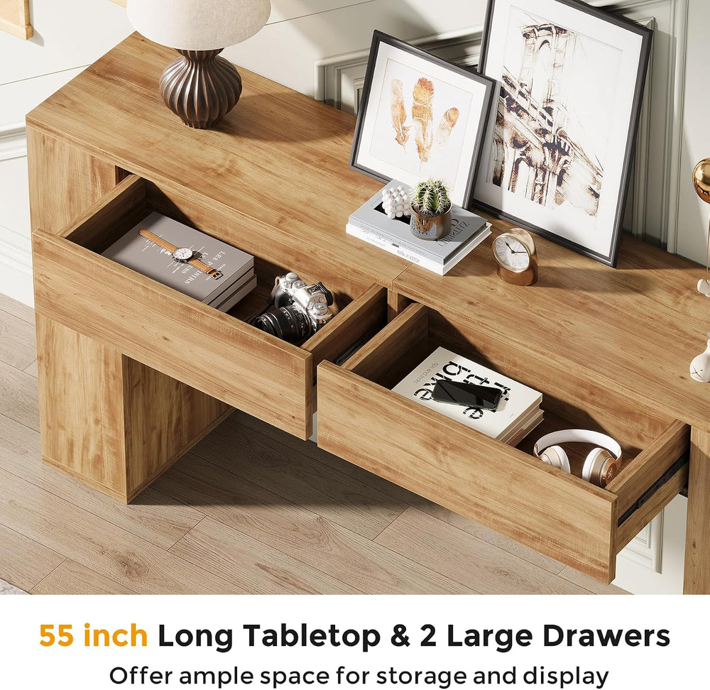 Farmhouse Console Table with LED Light and 2 Drawers, Natural Oak | 55 inch L...