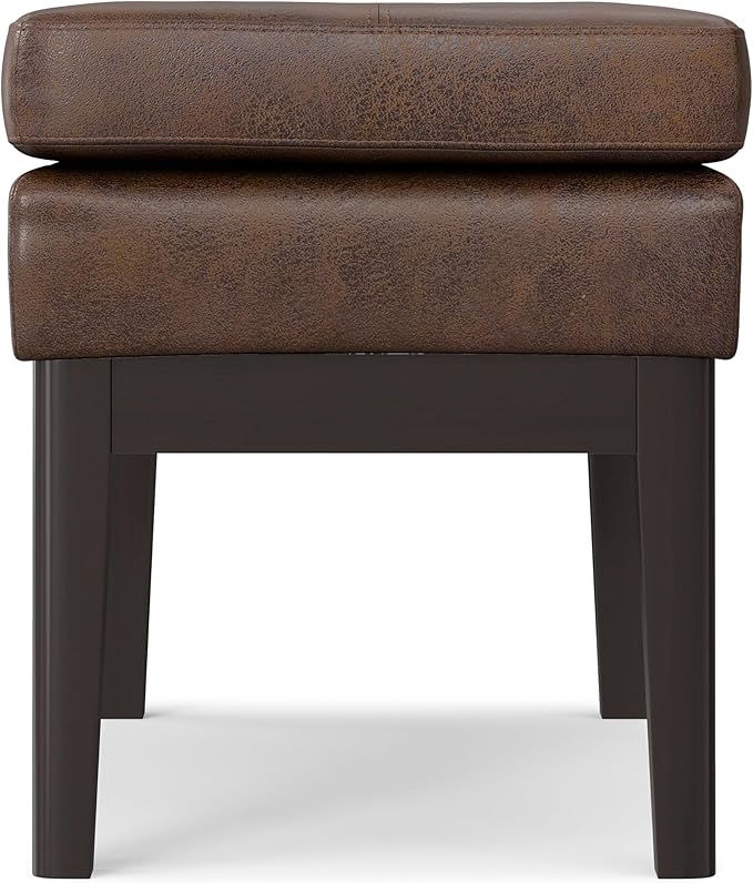 SIMPLIHOME Carlson 27-inch Wide Vegan Faux Leather Small Ottoman Bench in Distressed Chestnut Brown with Solid Wood Frame for Living Room, Entryway, or Bedroom