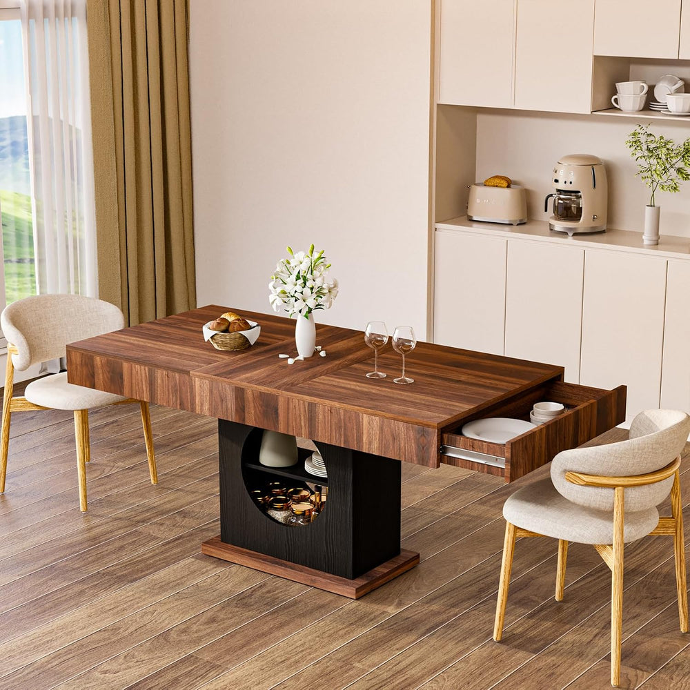 55" Dining Table for 4 to 6 People, Farmhouse Wood Dinner Table with Dra...