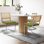 Dining Chairs Set of 2, Modern Rattan Kitchen Chairs, Mid Century Modern Design, Polished Chrome Frame, Upholstered Seat, Green