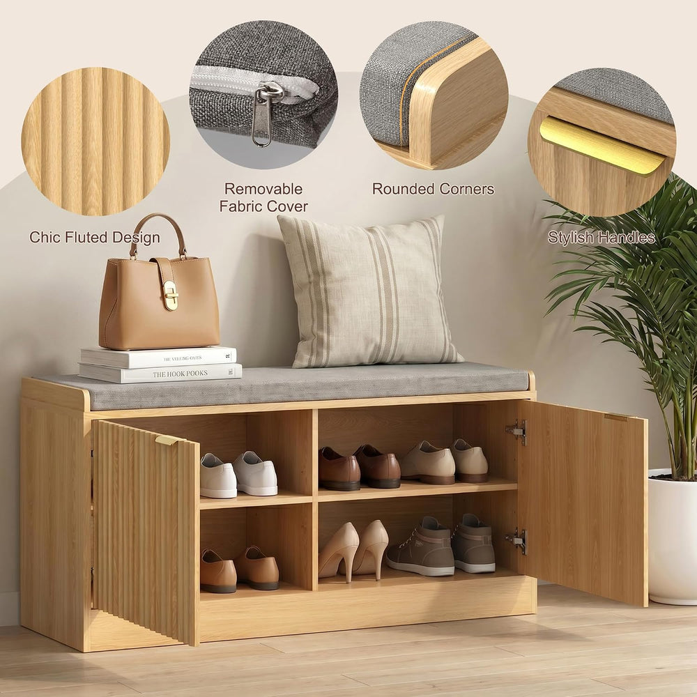 Fluted Shoe Storage Bench with Cushion, 2-Tier Entryway Shoe Bench with Adjus...
