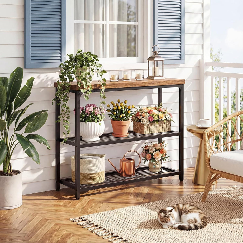 Besiost 32" Industrial Console Table with 3-Tier Storage, Oak Grey | Sma...
