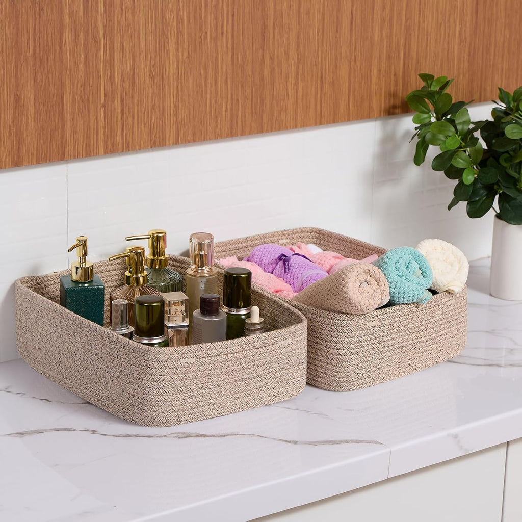 Large Shallow Organizing Baskets 15x11x5.1 Inches - Rope Woven Storage Bins for Bathroom, Shelves, Cube Closet, Mixed Brown 3 Packs