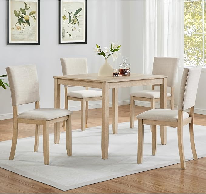 KEIKI 5-Piece Standard Height Dining Table Set with Square Table, 4 Upholstered Curved Backrest Chair, for 4 Person, Modern Style Table Set, Easy Assembly, for Kitchen, Dining Room, Light Oak+Beige