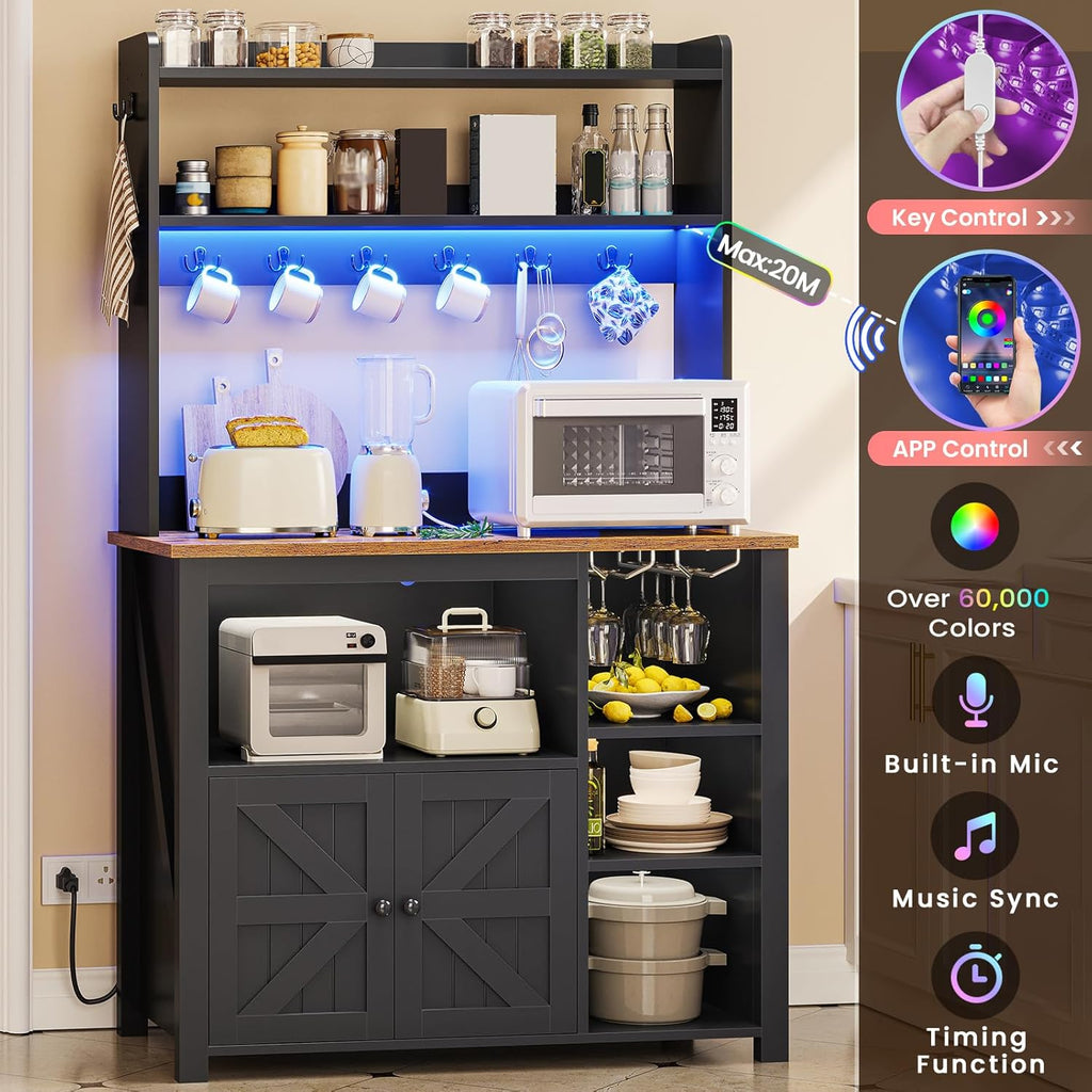 Itaar 35.4 inch Coffee Bar Cabinet, Bakers Rack with Power Outlet and Storage, Farmhouse Microwave Stand Kitchen Cabinet with Hutch, LED Lights, Wine Glass Holder and 8 Hooks, Black