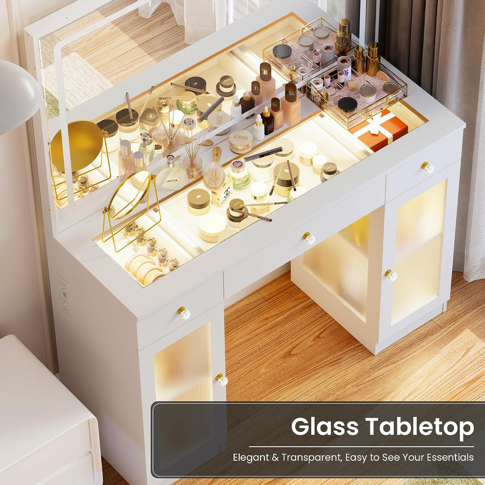 Glass Top Vanity Desk with Mirror and Lights, Crystal Knobs Makeup Vanity wit...