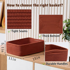 Large Shallow Organizing Baskets 15x11x5.1 Inches - Rope Woven Storage Bins for Bathroom, Shelves, Cube Closet, Red 3 Packs
