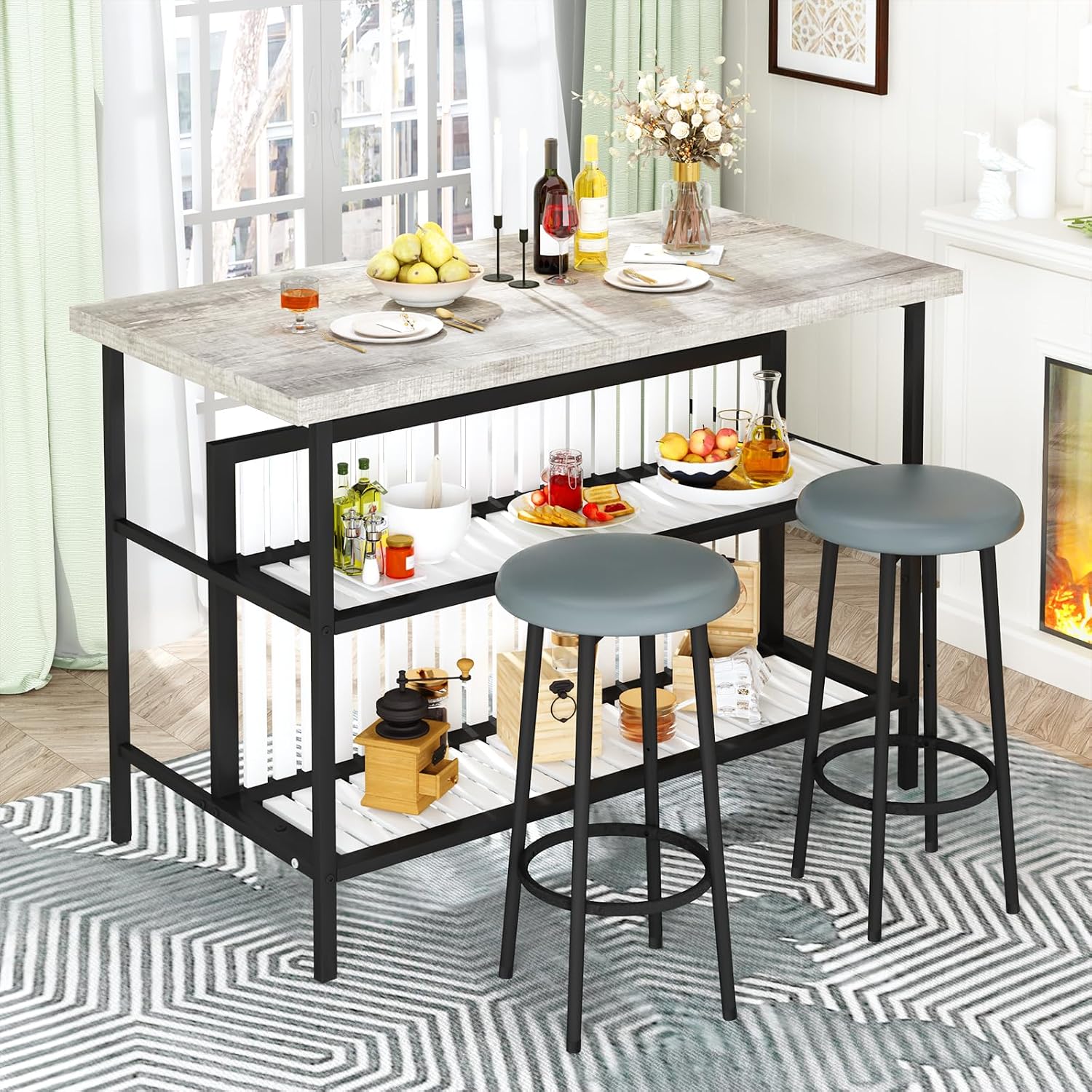 AWQM Kitchen Island with Seating & Storage, Bar Table and Chair Set, Grey | Modern Bar Table and Chairs Set for 2, Faux Marble Island Table, with 2 Chair, For Small Space, Apartment, Home Bar
