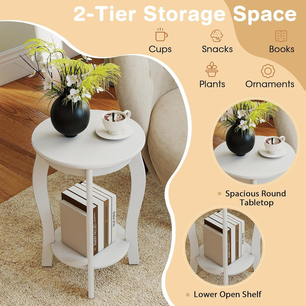 GOFLAME 2-Tier Round End Table Set of 2, Mid-Century Modern Sofa Side Table with Storage Shelf, Solid Wood Legs, Compact Accent Table, Nightstand for Living Room, Bedroom, Small Space, White