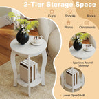 GOFLAME 2-Tier Round End Table Set of 2, Mid-Century Modern Sofa Side Table with Storage Shelf, Solid Wood Legs, Compact Accent Table, Nightstand for Living Room, Bedroom, Small Space, White
