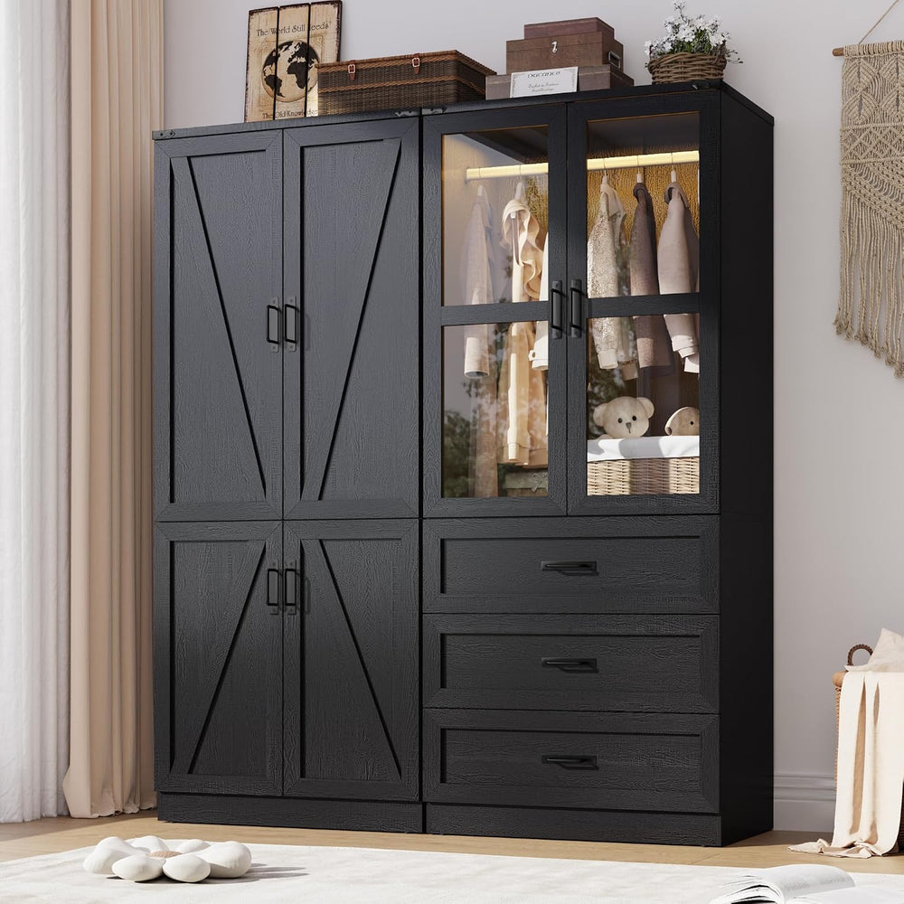 75" Tall Farmhouse 4 Doors Armoire Wardrobe Closet with 3 Drawers and LE...