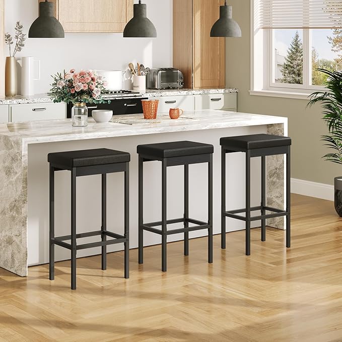 HOOBRO Bar Stools, Set of 3 Modern Black Rectangular Bar Chairs, 24.8-Inch He...