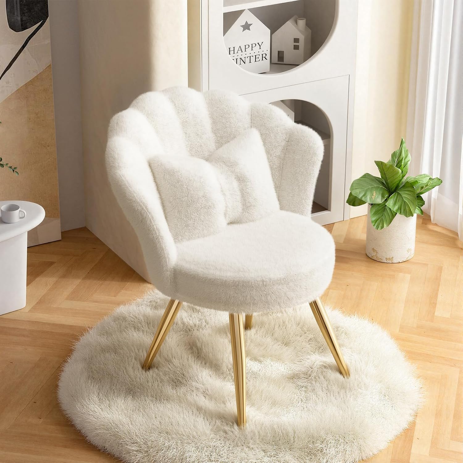 Plush Velvet Sherpa Accent Chair with Gold Metal Legs, Fluffy Vanity Chair for Makeup Room, Upholstered Guest Chair for Living Room, for Bedroom, Cream White