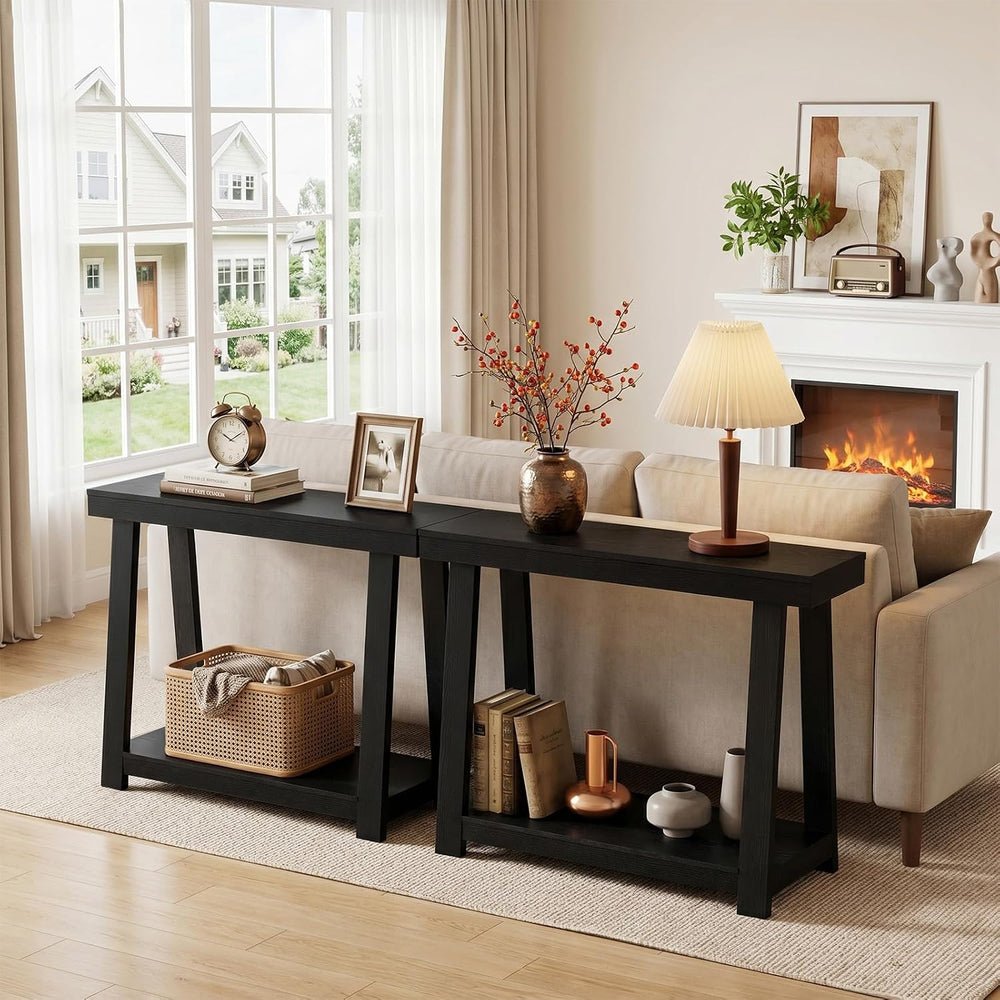 Black Console Table, 43.5" Narrow Black Entryway Table with 2-Tier Stora...