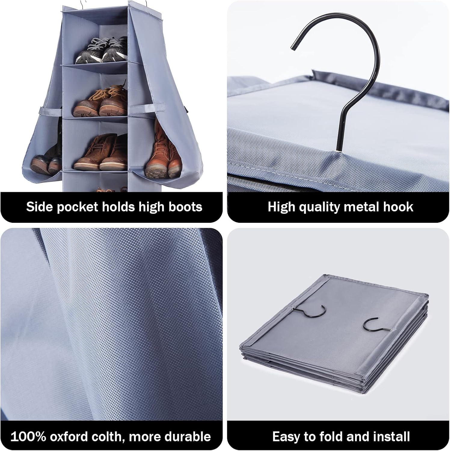 Hanging Shoe Organizer for Closet Footwear Boots Storage Shelf | Hang Closet Organization Storing Shelves Rack Display Shoes Boots Clothes 10-Shelf 4 Pockets Space Saver Oxford Cloth 2 Pack