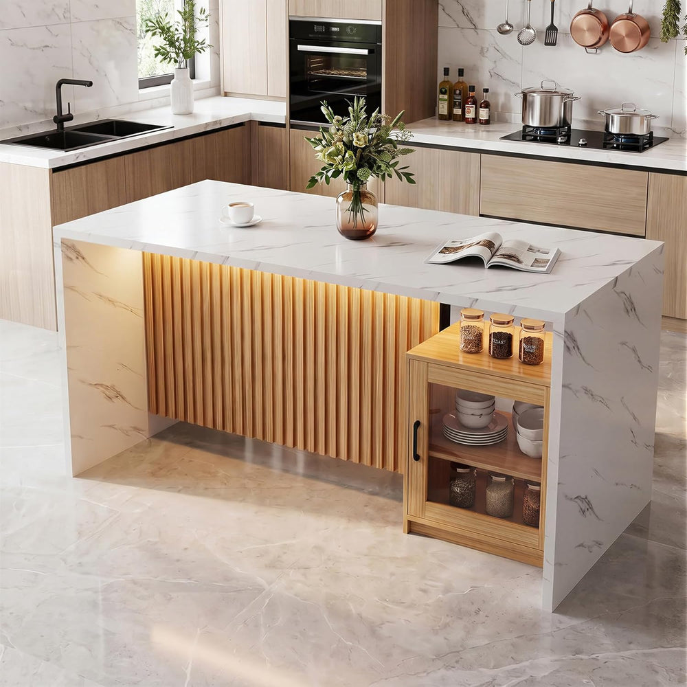 Miereirl 63”/32” Kitchen Island Table with Storage Space, Imitation Marble Is...