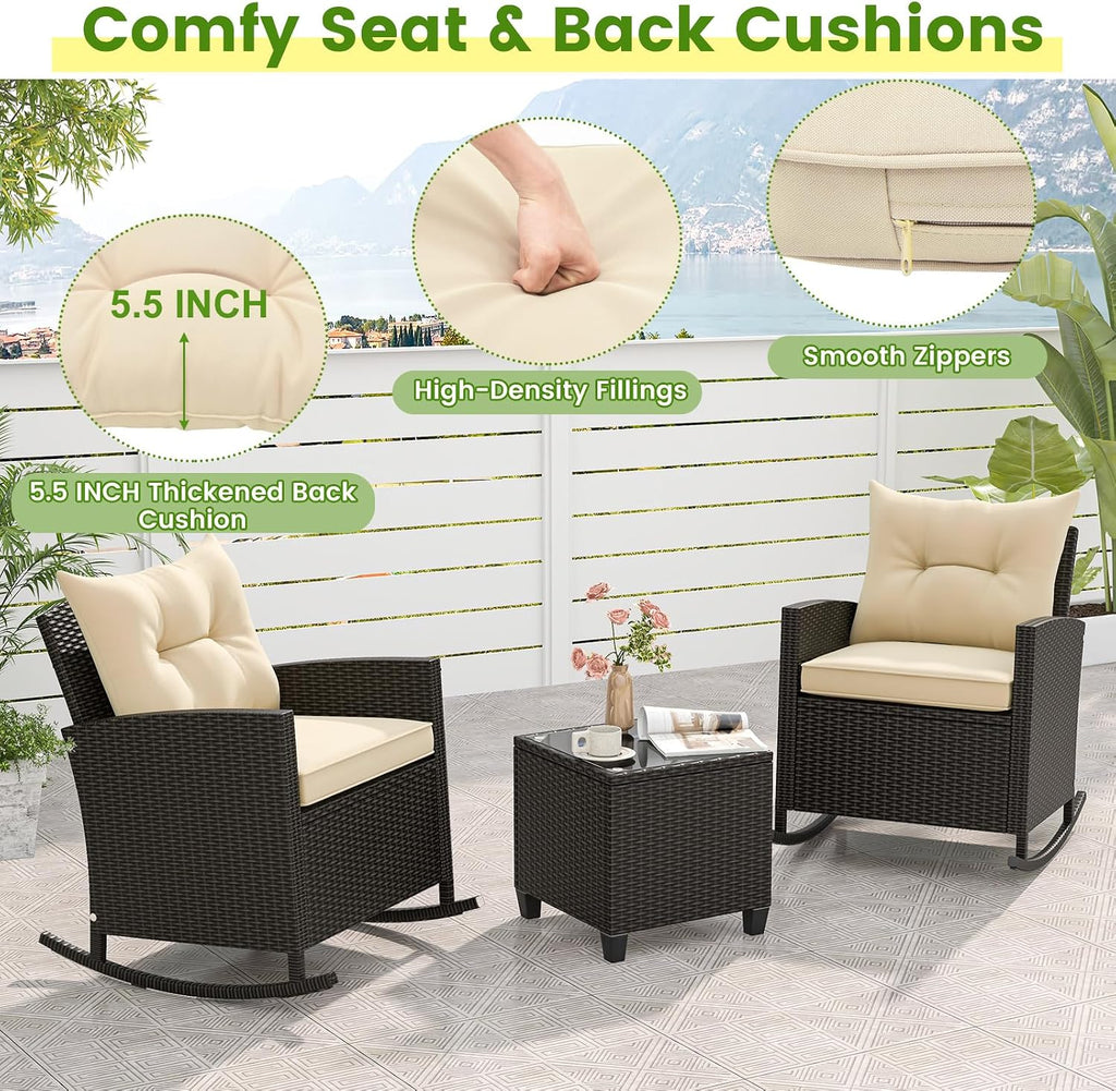 Tangkula 3 Piece Wicker Outdoor Rocking Chairs Set (Beige) | Tempered Glass Table & Thickened Soft Cushions | Easy Maintenance | Long-Lasting for Porch Garden Patio Backyard Poolside