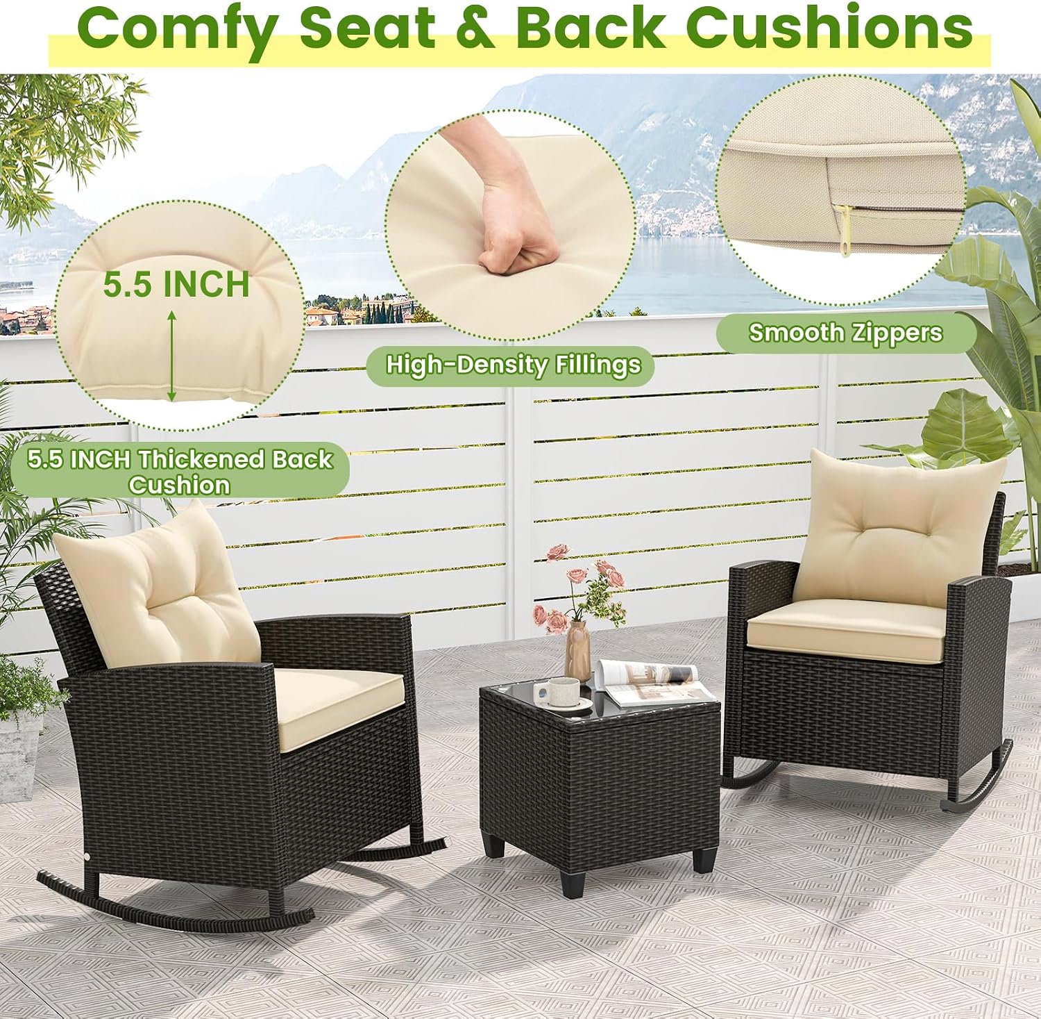 Tangkula 3 Piece Wicker Outdoor Rocking Chairs Set (Beige) | Tempered Glass Table & Thickened Soft Cushions | Easy Maintenance | Long-Lasting for Porch Garden Patio Backyard Poolside