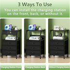 Furnulem Night Stand with Charging Station, 28.3 Inch Tall Side Table with Fabric Drawers and Storage Shelf, Bedside Table with USB Ports & Outlets, Nightstand for Bedroom, 3 Ways to Use, Black Oak