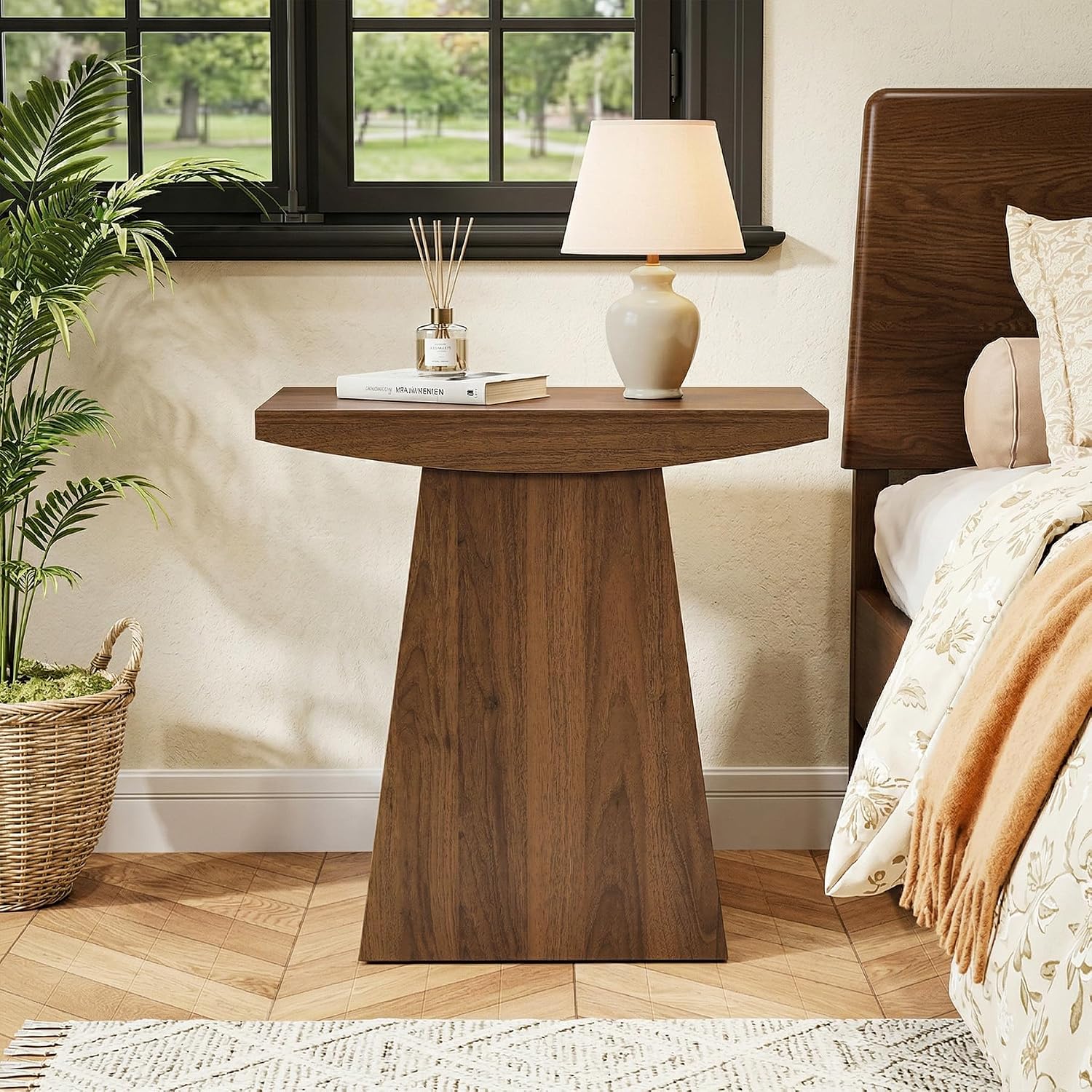 Tribesigns Pedestal End Table, Farmhouse Sofa Couch Side Table with Trapezoid Base, Wooden Accent Drink Stand Nightstand for Living Room, Small Space, Walnut Brown