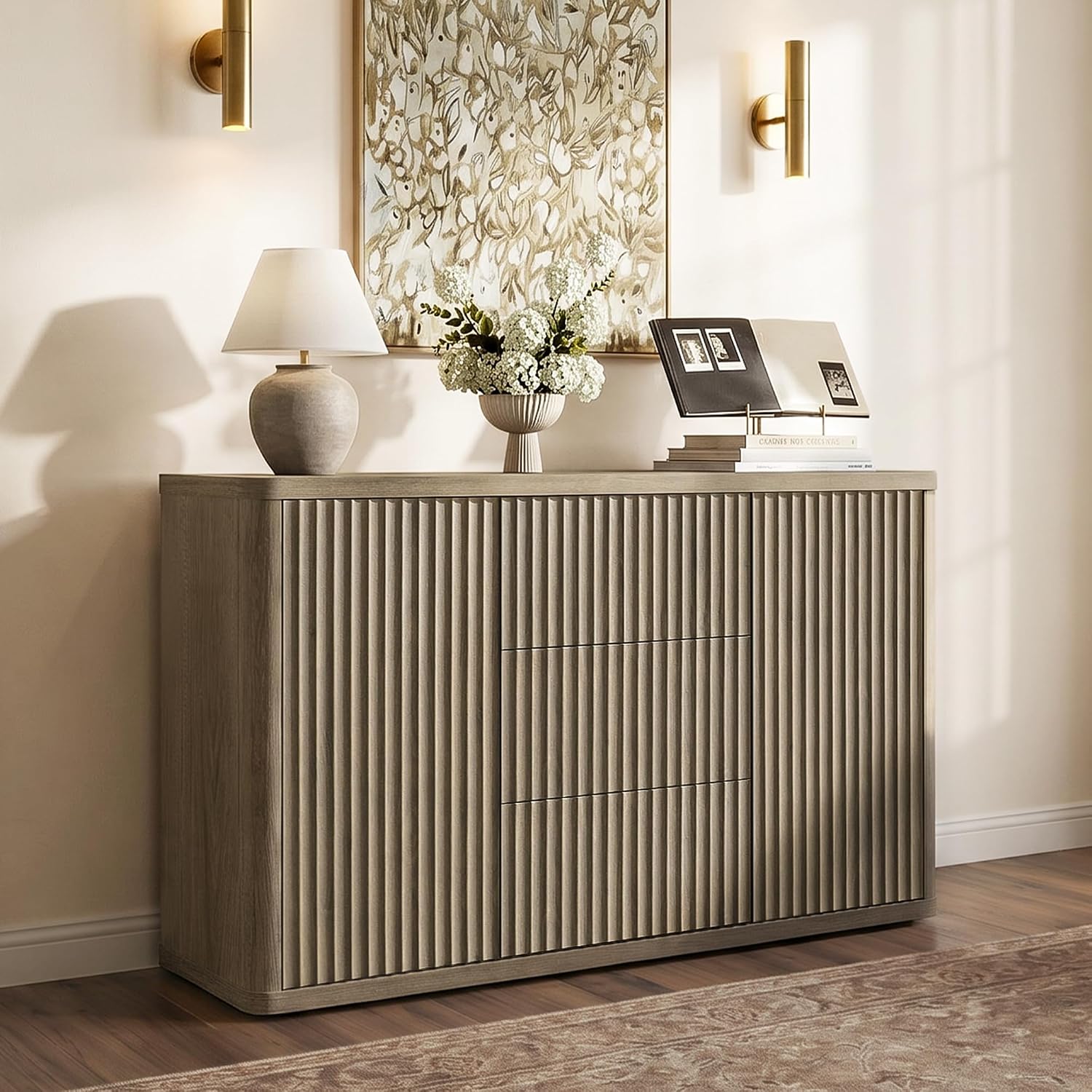 SICOTAS Buffet Cabinet with Storage 54.7" Large Modern Accent Storage Cabinet with Doors and Shelves Fluted Sideboard Credenza Buffet Table Coffee Bar for Living Room Kitchen Dining Room, Grey Alder
