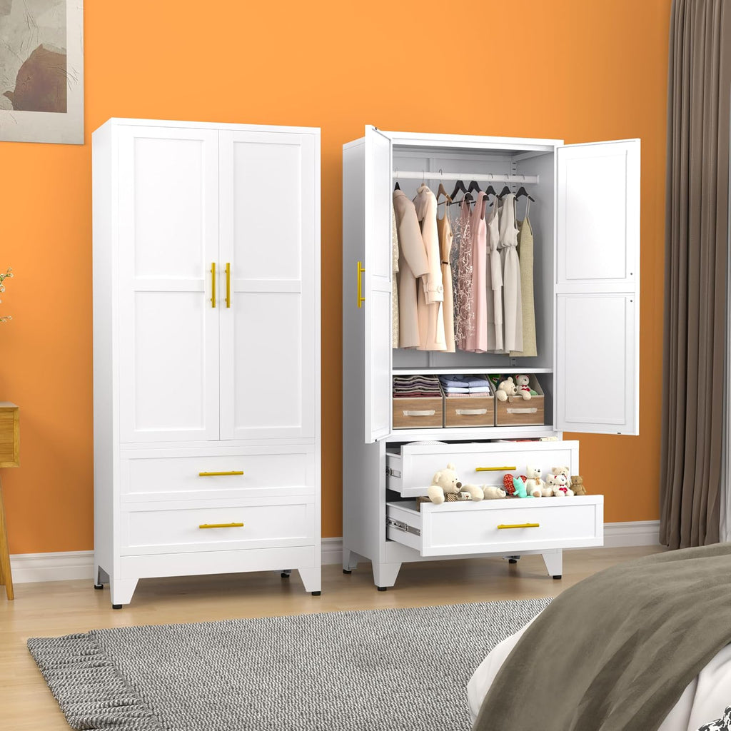 Metal Clothing Storage Cabinet with Adjustable Shelves and Hanging rods. A Household Steel Wardrobe Storage Cabinet with Drawers (Wardrobe - White).