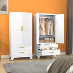 Metal Clothing Storage Cabinet with Adjustable Shelves and Hanging rods. A Household Steel Wardrobe Storage Cabinet with Drawers (Wardrobe - White).