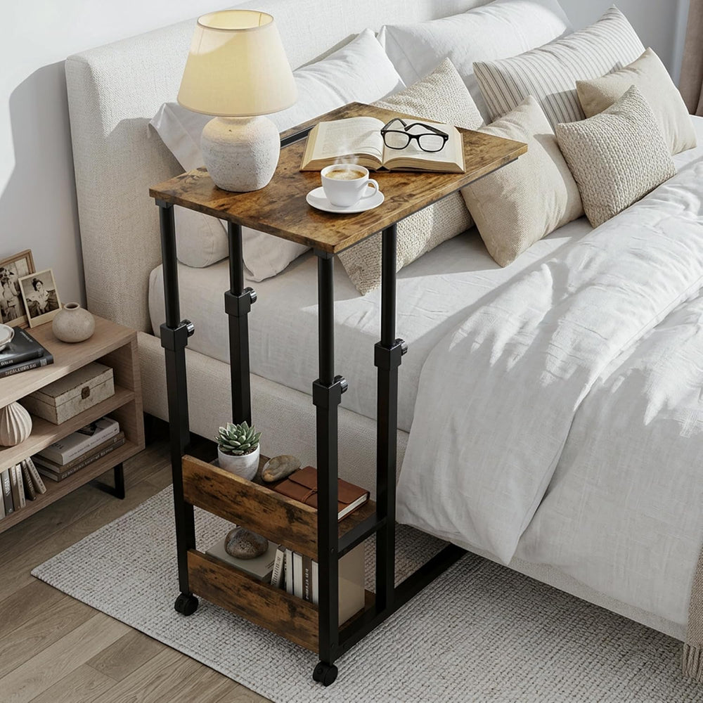 Gyfimoie C-Shaped End Table with Wheels, Side Table Adjustable Height, TV Tra...
