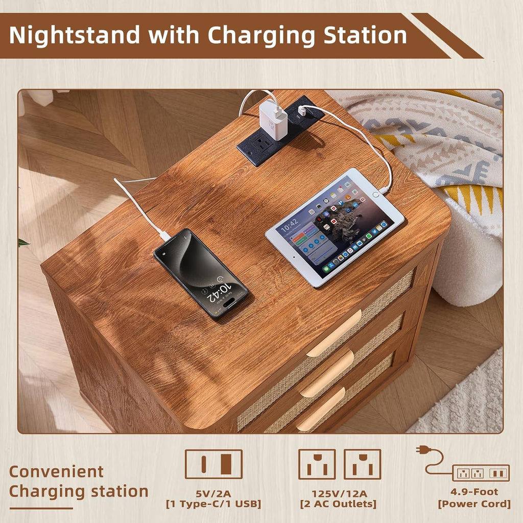 LEYAOYAO Rattan Night Stand Set of 2 with Charger Station, 23" Large 3 Drawer Boho Nightstand, Tea Brown Bedside Table Storage Cabinet, Bed Side End Tables for Bedroom, Living Room, Hallway
