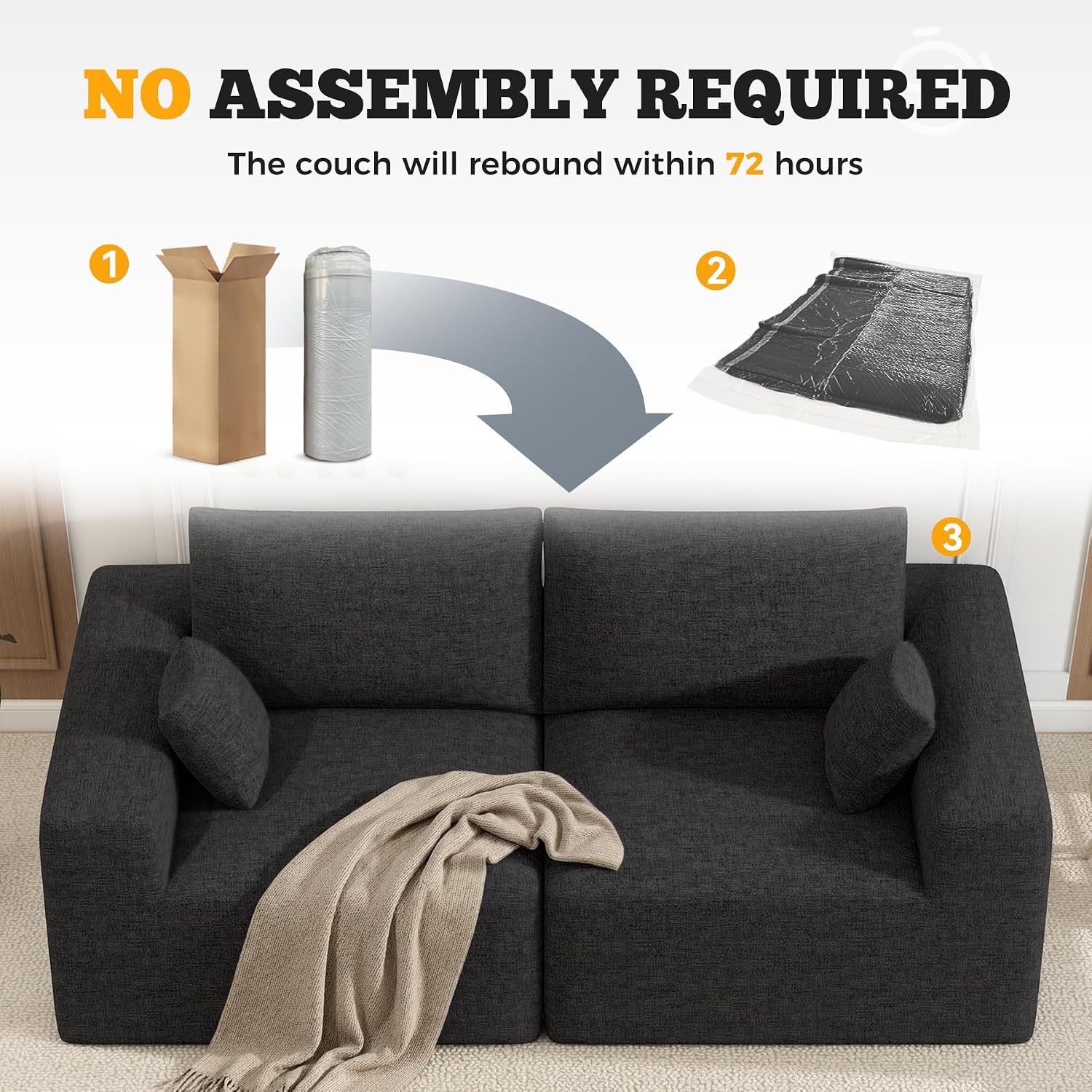 81" Cloud Loveseat Sofa in a Box, No Assembly Required Comfy Deep Seat Chenille Boneless Couch, Modern Small Couches for Living Room, Apartment, Black