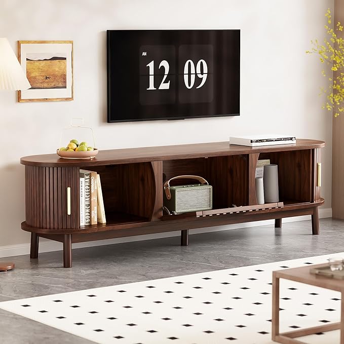 Ball & Cast 67" Modern Farmhouse TV Stand for TVs up to 75",Media Console with Drop-Down & Sliding Doors,Entertainment Center w/2 Storage Cabinets & Solid Wood Legs for Living Room,Bedroom Dark Brown