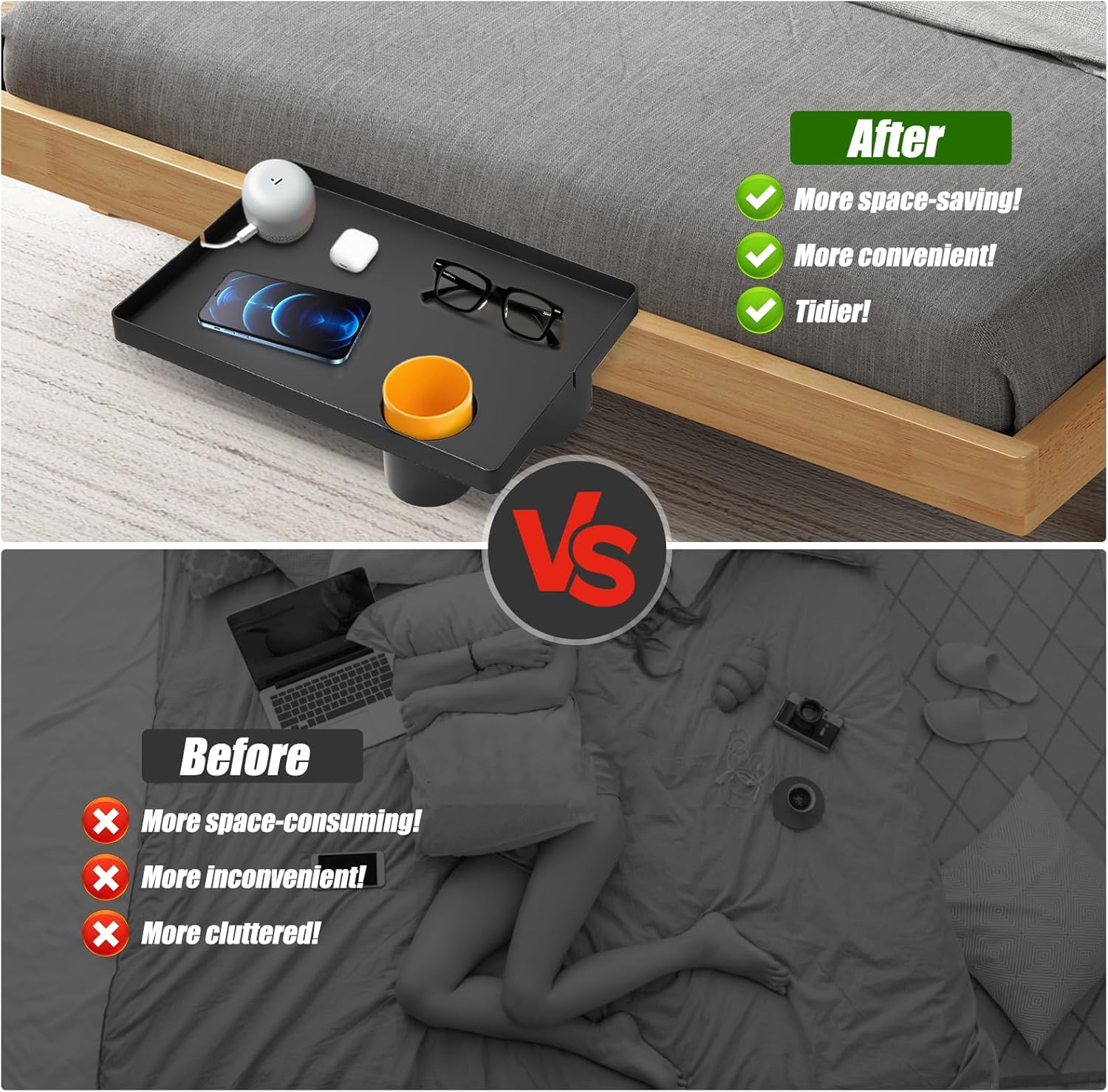 Bedside Table with Cup Holder College Dorm Room Essentials Clip On Nightstand Floating Bed Side Table for Bunk Bed Top Bunk - Send Goods from Local Warehous