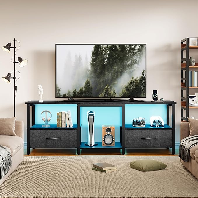 TV Stand for 65 Inch TV, LED Entertainment Center with Fabric Drawers and Power Outlets, Modern Industrial TV Media Console for Living Room, Bedroom Storage Cabinet - 59'' Black
