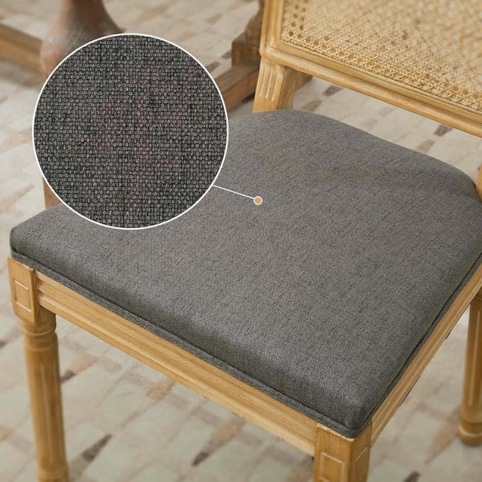 Dining Chairs Set of 4 for Dining Room & Kitchen, French Country Rattan Cane Back Chairs with Linen Upholstered Seat and S-Spring Support, Dark Gray