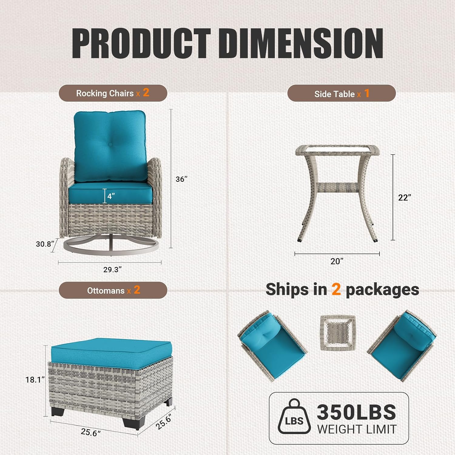 Outdoor Patio Furniture Set Patio Rocking Swivel Chair with Ottomans Outdoor Wicker Rattan Bistro Set with Tempered Glass Side Table for Garden, Deck, and Balcony, Turquoise