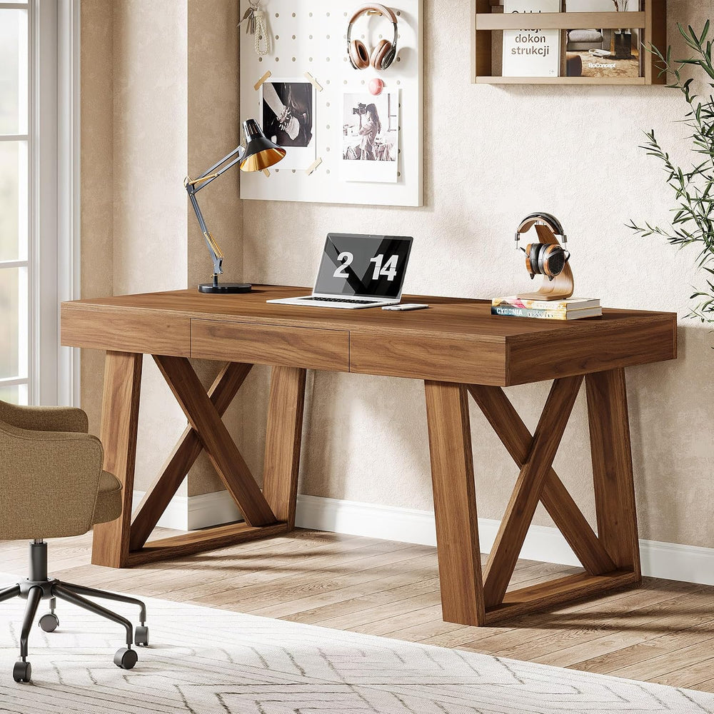 Tribesigns 55-inch Computer Desk with Drawer, Retro Walnut Big Home Office De...