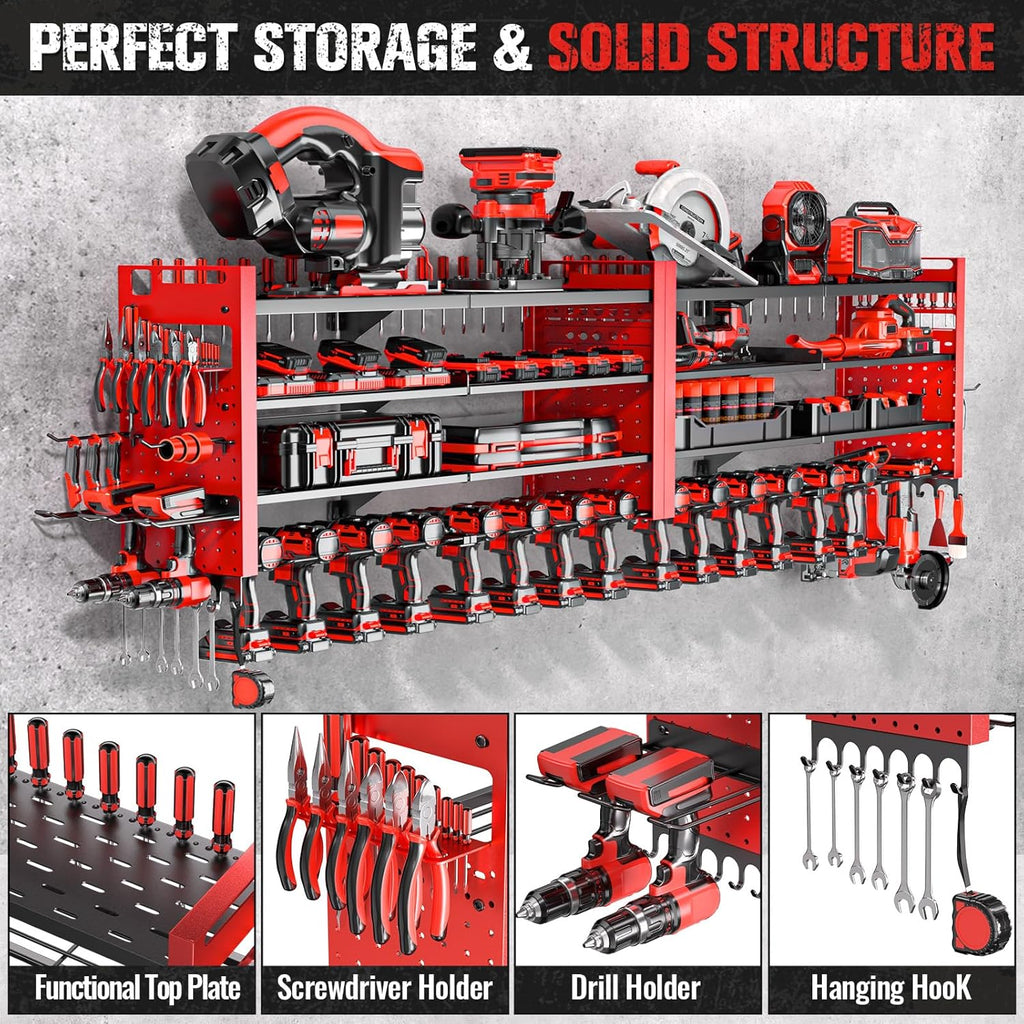66" W Super Large Power Tool Organizer Wall Mount,Heavy Duty Cordless Tool Organizer with 18 Drill Holder,600 Lbs Capacity 4-Layer Garage Organization for Garage and Workshop (Red)