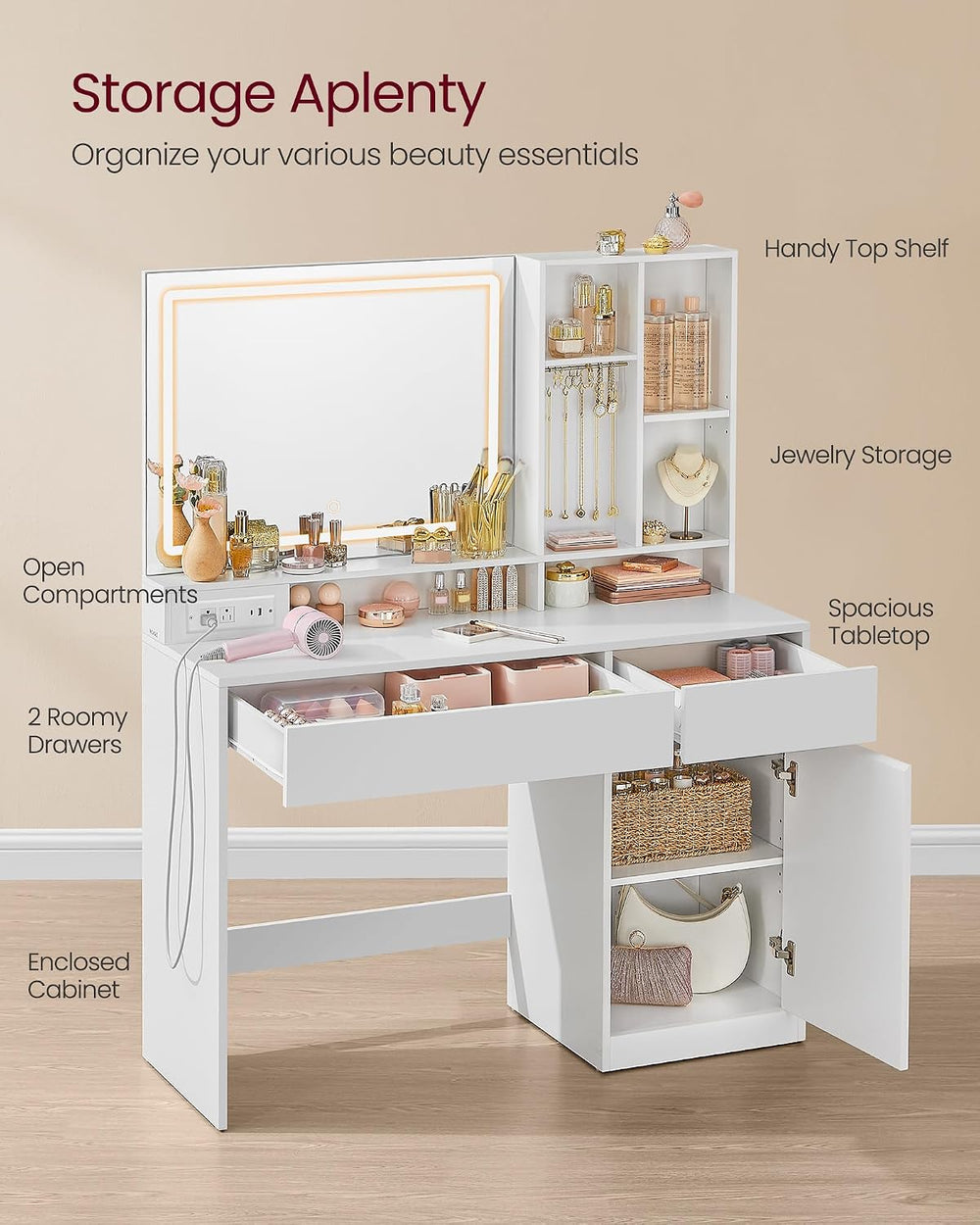VASAGLE KAILYN Collection - 43.3-Inch Vanity Desk with Mirror and Lights, Pow...