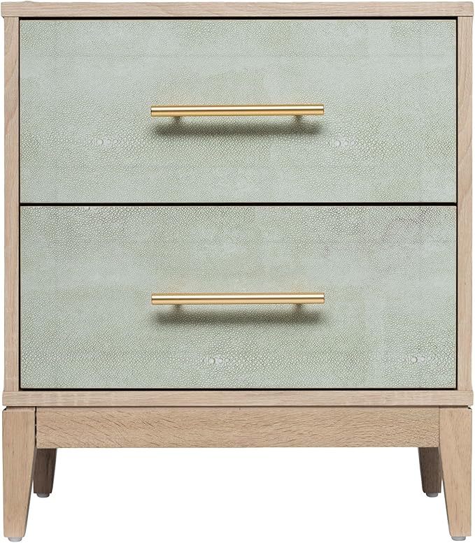 Sango Shagreen 2-Drawer Nightstand, Modern Natural Wood Bedside Table with Gray Faux Shagreen Drawer Fronts, Brass Handles, Sturdy Legs, Elegant Storage for Contemporary & Luxury Homes