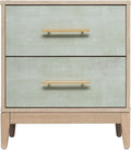 Sango Shagreen 2-Drawer Nightstand, Modern Natural Wood Bedside Table with Gray Faux Shagreen Drawer Fronts, Brass Handles, Sturdy Legs, Elegant Storage for Contemporary & Luxury Homes