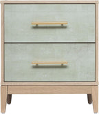 Sango Shagreen 2-Drawer Nightstand, Modern Natural Wood Bedside Table with Gray Faux Shagreen Drawer Fronts, Brass Handles, Sturdy Legs, Elegant Storage for Contemporary & Luxury Homes