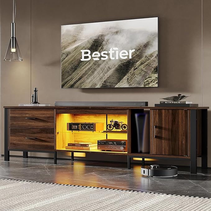 Bestier TV Stand for 75/80/85 inch TV, LED Gaming Entertainment Center, Modern TV Cabinet with Glass Shelves for Living Room, Media Console with 2 Storage Drawers & Cabinets for Bedroom, Walnut