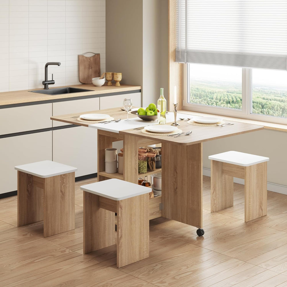 Mondeer Folding Dining Table with 4 Chairs for Small Spaces, Natural Wood | D...