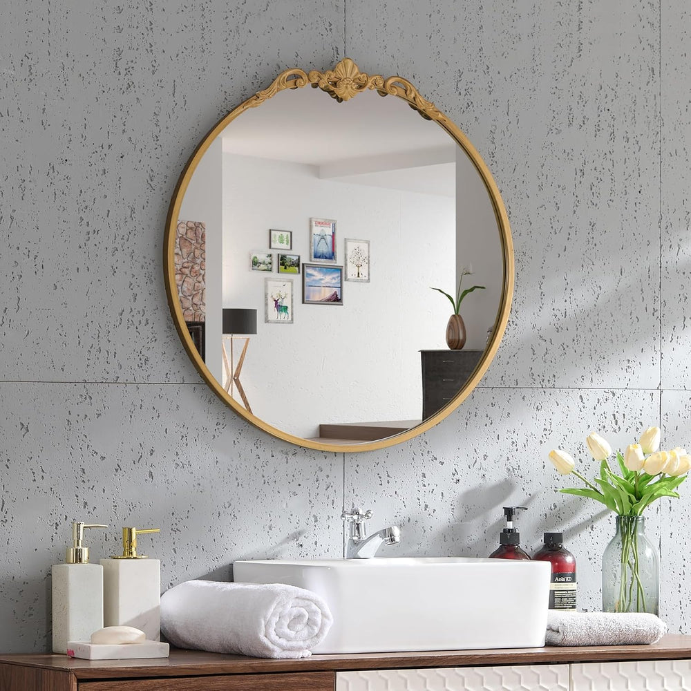 Round Gold Mirror 24Inch Ornate Baroque Antique Bathroom Mirror Large Circle ...