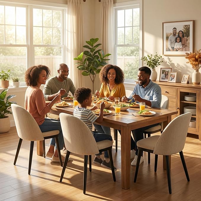 Wooden Dining Chairs Set of 6,Upholstered Kitchen Dining Room Chairs with Curved Backrest and Wood Leg,Modern Fabric Farmhouse Dinner Chair for Restaurant/Cafe,Beige