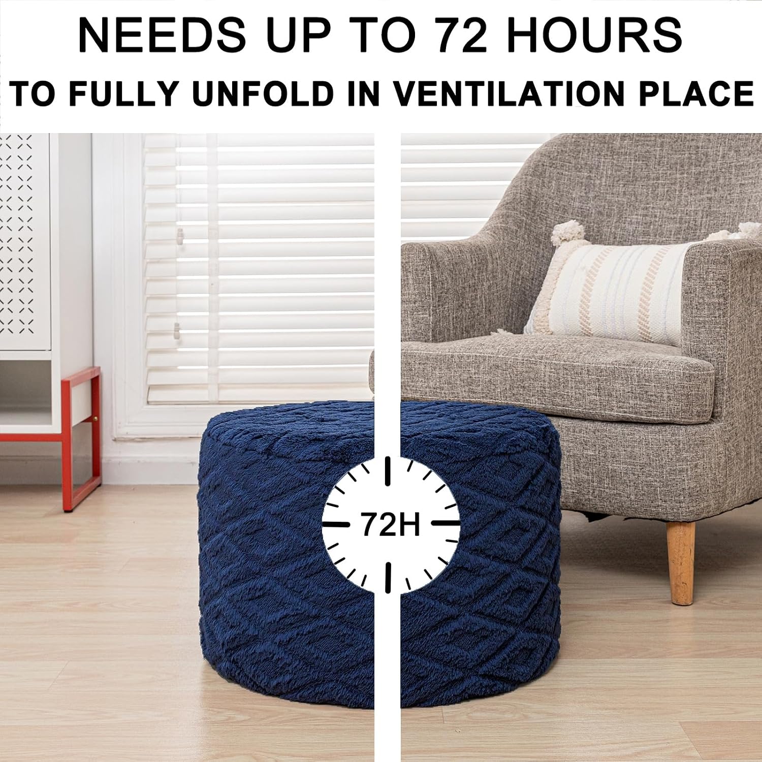 Round Ottoman Pouf, All-in-One Foam Filling Foot Rest 20x14In Navy | Stuffed Floor Pouf,Ottoman Foot Stool for Couch,Stuffed Pouf,Boho Floor Seating,Bean Bag Ottoman for Living Room Bedroom Dorm