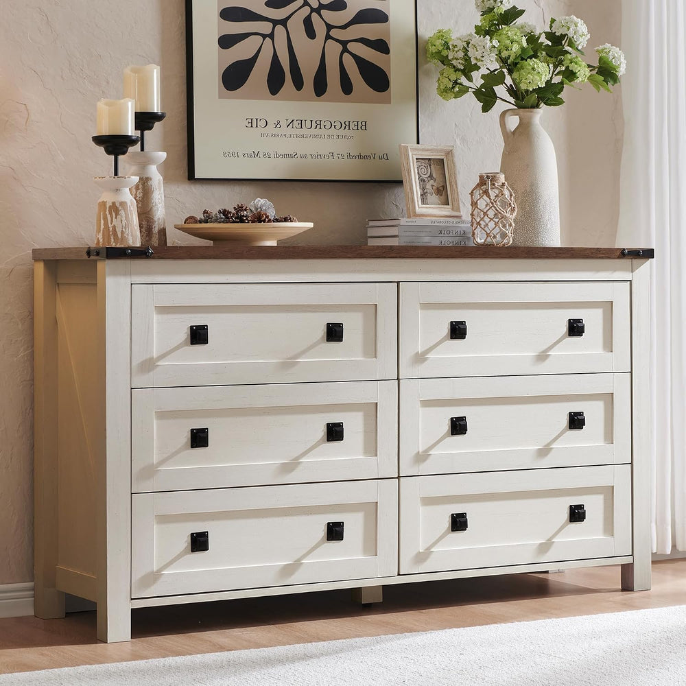 T4TREAM 54" Wide Farmhouse 6-Drawer Dresser for Bedroom, Antique White