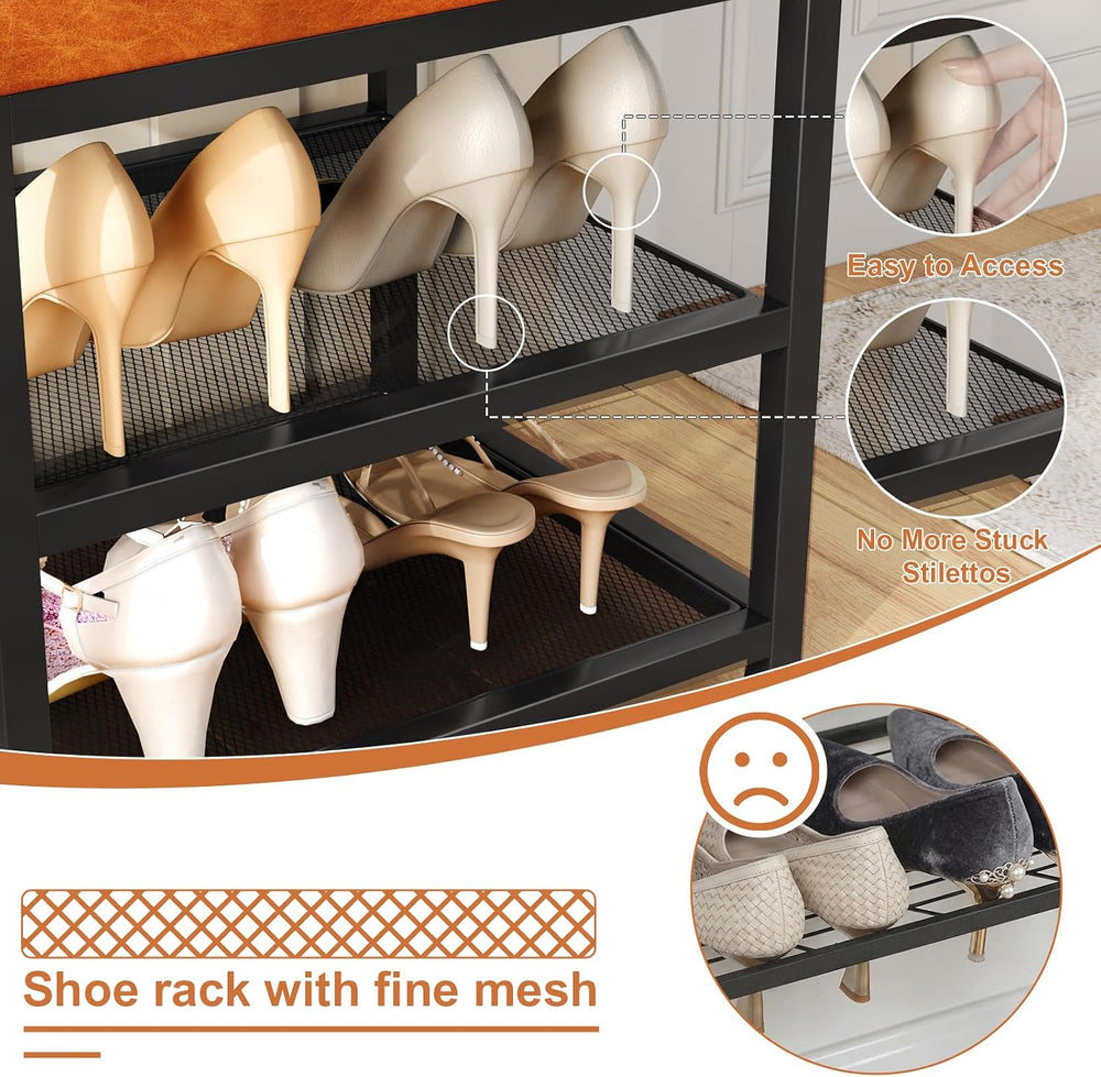 Small Shoe Storage Bench with PU Leather Seat Cushion, 3-Tier Freestanding Sh...